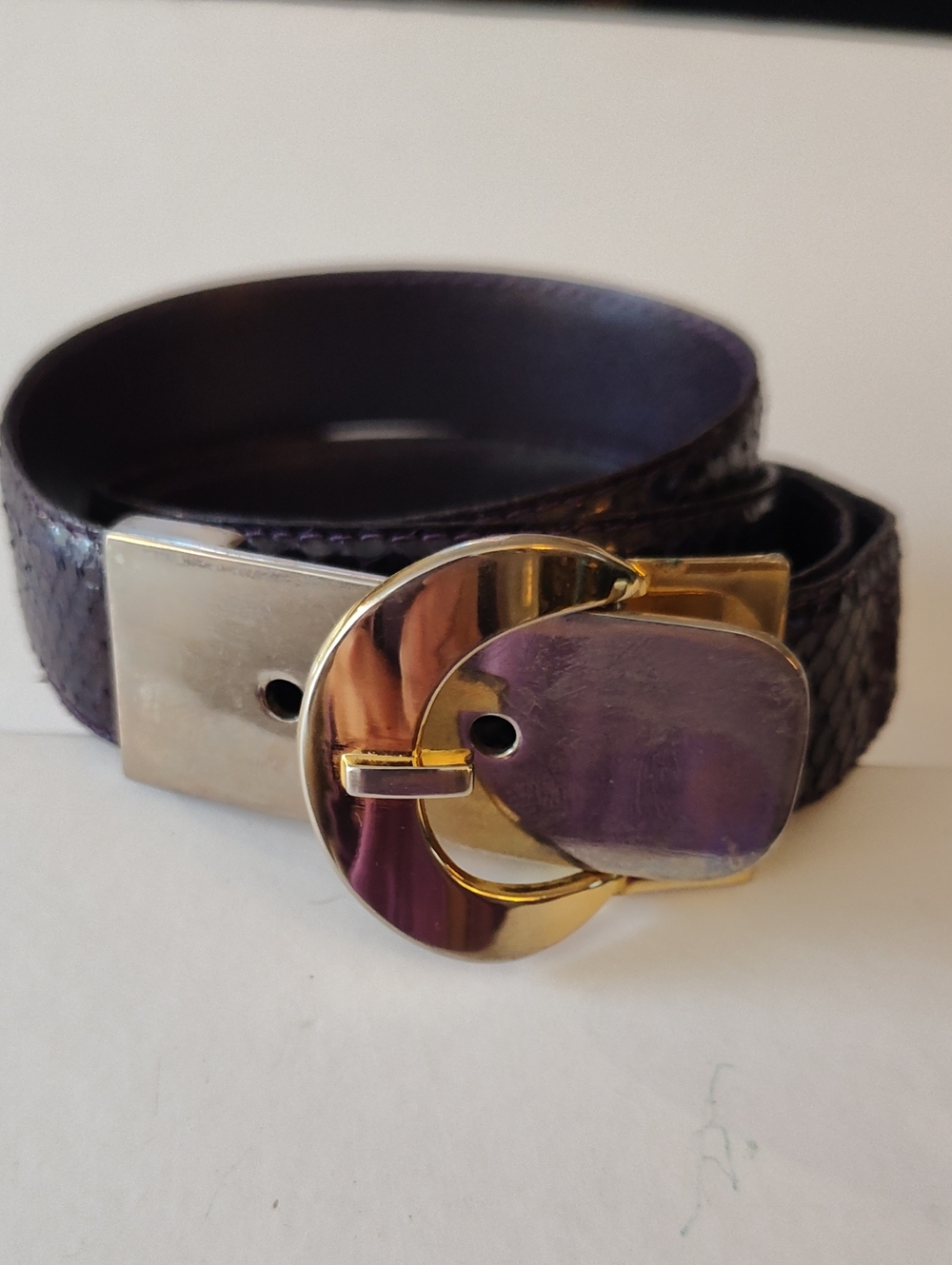 Vintage Christian Dior Purple Snakeskin Belt with Gold & Silver Statement Buckle - Picture 1 of 9